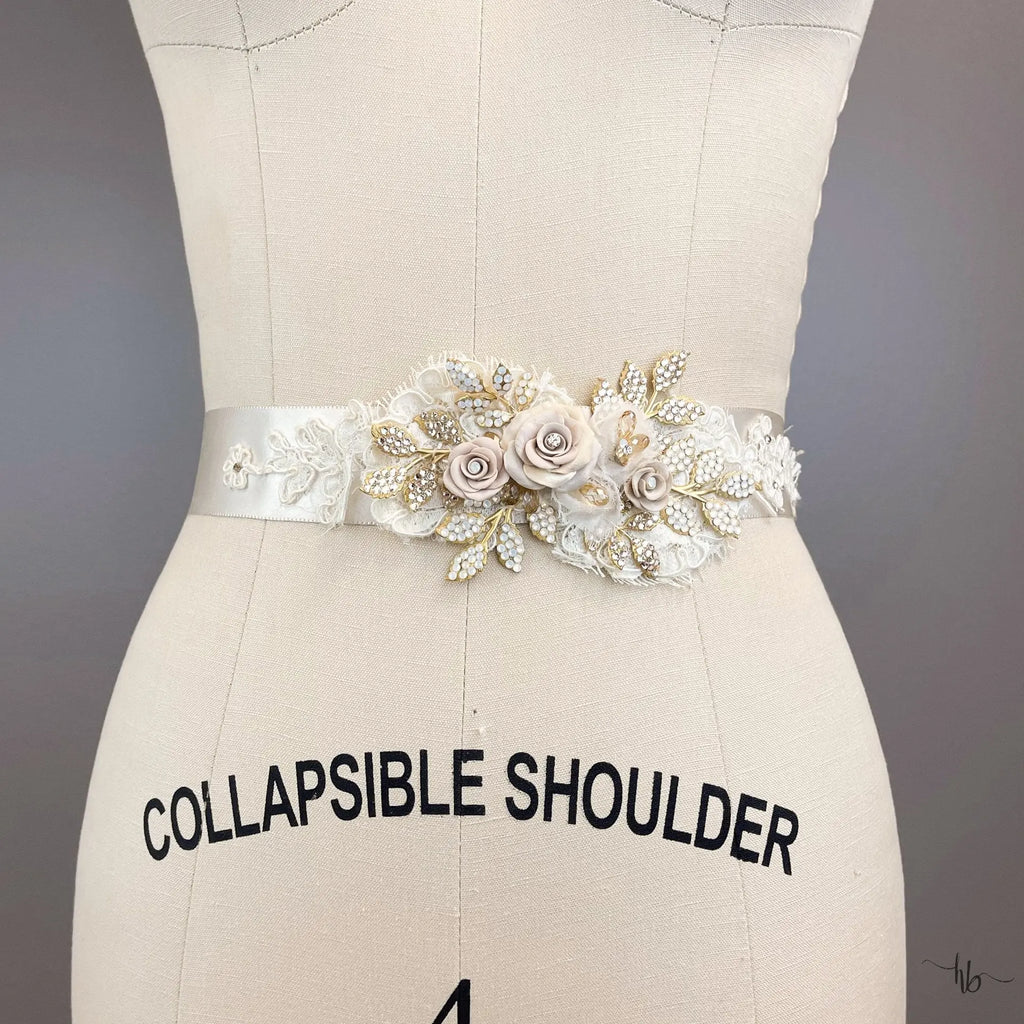 Corine Embroidered Lace & Clay Flower Sash | Haute Bride display picture 1
